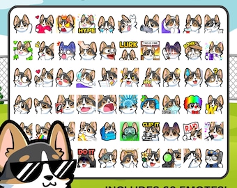 Könnte beinhalten: Ein Set mit 60 digitalen Emojis, die einen dreifarbigen Corgi-Hund in verschiedenen Posen und Ausdrücken zeigen. Die Emojis sind in fünf verschiedenen Größen verfügbar: 28x28, 56x56, 112x112, 256x256 und 512x512 Pixel.