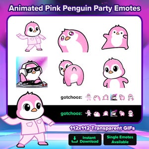 Animated Pink Penguin Party Emotes | Jammies Bobble Dance DJ Twerk Wiggle | Twitch Youtube Discord Kick Tiktok Rumble | Cute Penguin Emotes