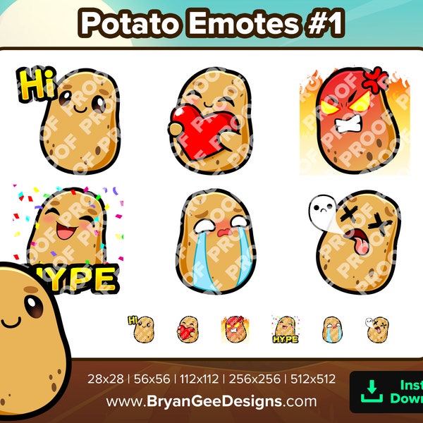 Potato Twitch Emotes Wave Love Heart Rage Angry HYPE Sad Cry RIP for Streaming Youtube Discord TikTok P2U Premade Emotes