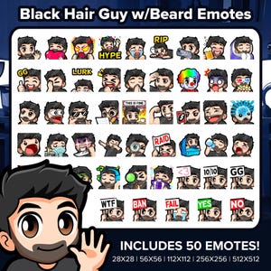 Black Hair Guy with Beard Twitch Emotes MEGA Bundle for Streaming, Youtube Emotes, Discord Emotes, Kick Emotes, TikTok Emotes, Rumble Emotes