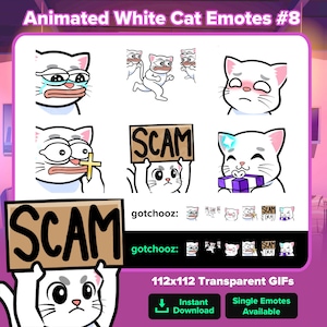 Animated White Cat Twitch Emotes Why, Scatter, Bonk, Cross, Scam, Gifted Sub for Twitch Youtube Discord | P2U Premade Emojis