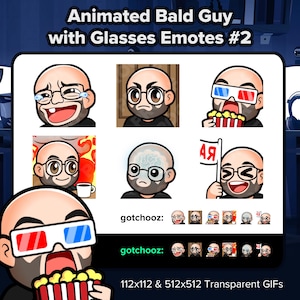 Pode incluir: Um conjunto de emotes animados que retratam um personagem careca com óculos, mostrando diversas emoções. Os emotes incluem expressões de tristeza, raiva e alegria. O texto "Animated Bald Guy with Glasses Emotes #2" está presente, juntamente com "gotchooz:" e as dimensões.