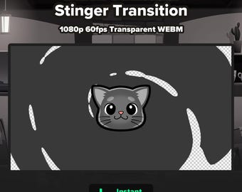May include: A black cat head stinger transition animation in a swirling motion. The animation is 1080p 60fps and transparent WEBM format.