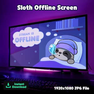 Op de afbeelding: Een computermonitor met een cartoon luiaard die slaapt. Het scherm toont "Stream is Offline" in een wolk. De afbeelding is een 1920x1080 JPG-bestand, met een "Direct downloaden" pictogram.