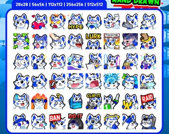 Blue Kitusne Fox Emotes 48 Pack for Twitch, Discord & YouTube | Cute Kitsune Fox Streamer Emotes | Digital Download | Japanese Fox Emotes