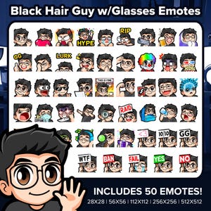 Black Hair Guy with Glasses Twitch Emotes MEGA Bundle for Streaming, Youtube Emotes, Discord Emotes, Kick Emotes, TikTok Emotes, Rumble