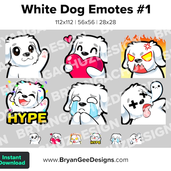 Chien blanc Twitch Emotes Wave Love Heart Rage Angry HYPE Sad Cry RIP Youtube Emotes Discord Emotes TikTok Emotes pour le streaming