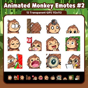 Op de afbeelding: Een verzameling van 12 geanimeerde aap-emotes met het label Animated Monkey Emotes #2 12 Transparent GIFS 112x112. De digitale illustraties tonen een bruine aap in verschillende uitdrukkingen en acties, waaronder het vasthouden van een vlag, het gebruik van een vergrootglas en het schrijven op papier.