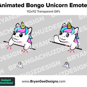 May include: Animated GIF emotes featuring a cartoon unicorn with a pink and blue mane and tail, playing a bongo drum. The unicorn is white with black eyes and a yellow horn. The background is grey with the text "BryanGeeDesigns.com" and "112x112 Transparent GIFs".