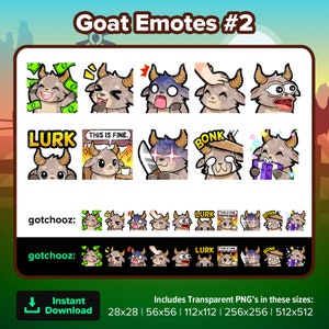 Goat Twitch Emotes Dono Laughing Scared Head Pat POG Lurk This is Fine Hit Evil Knife Gift for Streaming Youtube Discord TikTok P2U