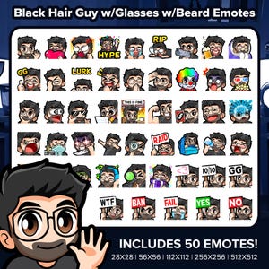 Paquete MEGA de emoticones de Twitch de chico de cabello negro con anteojos y barba para transmisión, emoticones de YouTube, emoticones de Discord, emoticones de patadas, emoticones de TikTok
