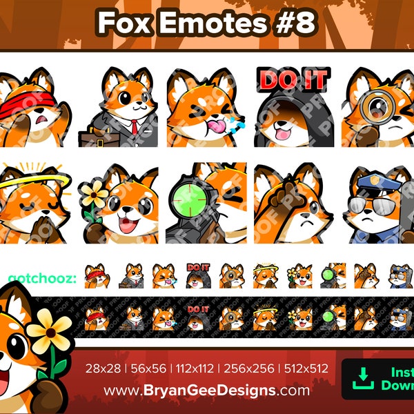 Fox Twitch Emotes Blind Business Tongue Do It SUS Pray Flower Sniper L Cop für Streaming Youtube, Discord, Kick, Rumble Emotes