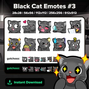Black Cat Twitch Emotes Derp Hug Gasm Sleep Notes Study Wow Popcorn Wink Nervous Confused for Streaming Youtube Discord TikTok Kick P2U