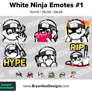 White Ninja Twitch Emotes for Streaming Wave Love Rage HYPE Sad RIP Youtube Emotes Discord Stickers