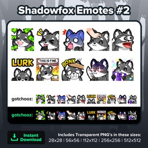 Black Fox Twitch Emotes Dono Laughing Scared Head Pat POG Lurk This is Fine Hit Evil Knife Gift for Streaming Youtube Discord TikTok P2U