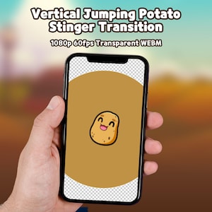 May include: A smartphone screen displays a brown circle containing a cartoon potato character with a smiling face. The text above reads Vertical Jumping Potato Stinger Transition 1080p 60fps Transparent WEBM.