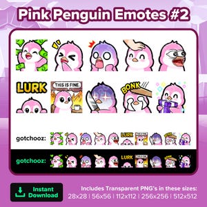Pink Penguin Twitch Emotes Dono Laughing Scared Head Pat POG Lurk This is Fine Hit Evil Knife Gift for Streaming Youtube Discord TikTok P2U