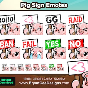Pig Twitch Emotes Corazón, 10 Signo, GG, Raid, Ban, Fail, Sí, No para Streaming, Youtube Emotes, Discord Emotes, Kick Emotes, Rumble Emotes