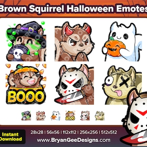 May include: Set of nine Halloween-themed emoticons featuring a brown squirrel in various costumes and poses. The emoticons include a squirrel wearing a witch's hat, a devil costume, a pumpkin costume, a Jason Voorhees mask, and a stitched-up face. The emoticons are in different sizes, ranging from 28x28 pixels to 512x512 pixels.