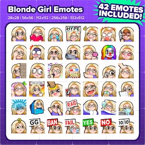 Blonde Hair Girl with Glasses Twitch Emotes MEGA Bundle for Streaming | Youtube, Discord, Kick , TikTok, Rumble | Blonde Girl Emojis