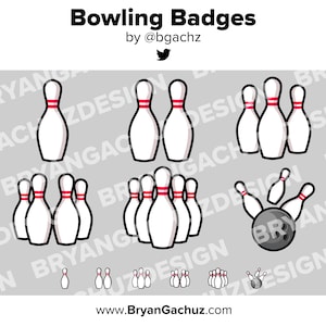Puede incluir: Un conjunto de bolos de bolos en varias configuraciones, incluyendo un solo bolo, un par de bolos, tres bolos, cuatro bolos, cinco bolos y un conjunto de bolos derribados por una bola de bolos. Los bolos son blancos con rayas rojas. La bola de bolos es negra con tres agujeros.