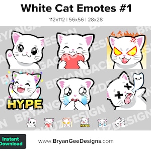 White Cat Twitch Emotes for Streaming Wave Love Rage HYPE Sad RIP Youtube Emotes Discord Stickers