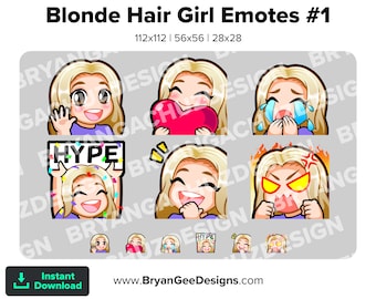 Blonde Hair Girl Twitch Emotes for Streaming Wave Hi Love Heart Sad Cry HYPE Laughing LUL Rage Angry Youtube Emotes Discord Stickers