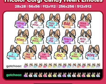 Könnte beinhalten: Ein Set mit 16 digitalen Illustrationen, die einen Cartoon-Corgi-Hund zeigen, der ein herzförmiges Bonbon mit verschiedenen Botschaften hält. Die Botschaften lauten: "Love U", "Be Mine", "Hug Me", "Bae", "Miss You", "XOXO", "You Rock", "QT Pie", "Shut Up", "Bite Me", "U Smell", "No Thx", "Ur Ugly", "IDC", "Go Away" und "Nope".