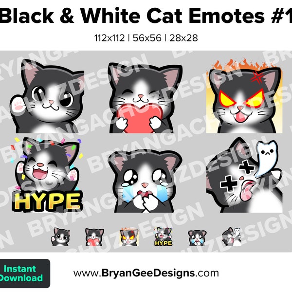 Black and White Cat Tuxedo Cat Twitch Emotes for Streaming Wave Love Rage HYPE Sad RIP Youtube Emotes Discord Stickers