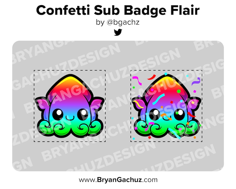 May include: A colorful, rainbow-colored cartoon squid with a happy expression, surrounded by confetti. The squid is wearing a green cloud-like hat and has a green mustache. The image is set against a gray background with the text "Confetti Sub Badge Flair" and "by @bgachz" at the top.