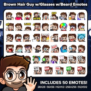 Brown Hair Guy with Glasses with Beard Twitch Emotes MEGA Bundle for Streaming, Youtube Emotes, Discord Emotes, Kick Emotes, TikTok Emotes