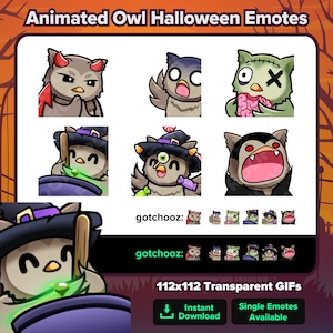 May include: A collection of animated owl Halloween emotes. The emotes feature owls dressed as a devil, zombie, witch, and vampire. The text "Animated Owl Halloween Emotes" and "gotchooz" are displayed.