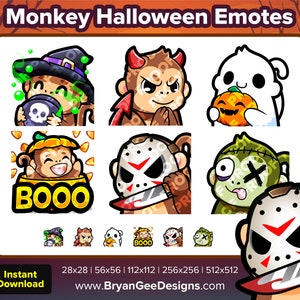 May include: A collection of Halloween-themed monkey emotes. Each emote features a cartoon monkey dressed in various costumes, including a witch, devil, ghost, and Jason Voorhees. The image includes the text "Monkey Halloween Emotes" and "Instant Download".