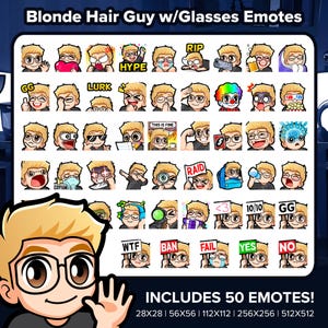 Blonde Hair Guy with Glasses Twitch Emotes MEGA Bundle for Streaming, Youtube Emotes, Discord Emotes, Kick Emotes, TikTok Emotes, Rumble P2U