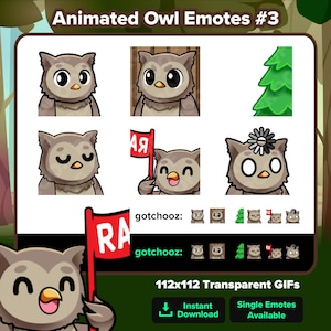 Animated Owl Twitch Emotes Big Eyes, Leave, Lurk, Nodders, RAID, Loading for Streaming Youtube Emotes Discord Stickers |  P2U Emojis