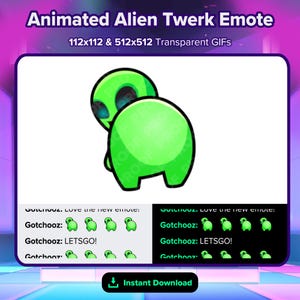 Puede incluir: Emoticono animado de un alienígena verde haciendo twerking. La imagen incluye el texto "Animated Alien Twerk Emote" y "112x112 & 512x512 Transparent GIFs". La imagen también incluye el texto "Gotchooz: LETSGO!" y las palabras "Instant Download".