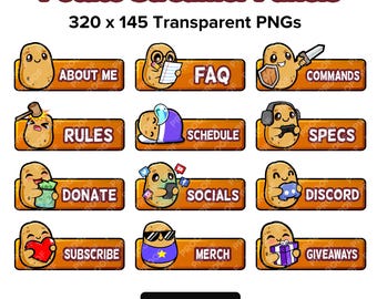 May include: A set of 12 Twitch streamer panels featuring cartoon potatoes with different expressions and actions. Each panel has a different text label, such as "About Me", "FAQ", "Commands", "Rules", "Schedule", "Specs", "Donate", "Socials", "Discord", "Subscribe", "Merch", and "Giveaways".