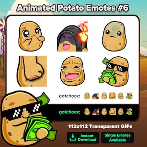 Potato Twitch Emotes – Animated Shy, Cult, Big Brain, Rage Fist, Laughing, Money Dono – Premade Emoji Pack for Streamers P2U