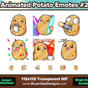 Può includere: Emoticon di patate animate in formato GIF. Le emoticon mostrano una patata con diverse espressioni, tra cui bere il caffè, tenere una spada laser, tenere una pistola, festeggiare con i coriandoli e bere il caffè. Le emoticon sono di 112x112 pixel e sono trasparenti.
