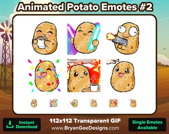 Animated Potato Emotes Pack #2 | Sip, Rave, Shoot, Hype, Head, Pat, This Is Fine | Twitch Discord YouTube VTuber GIF Emotes