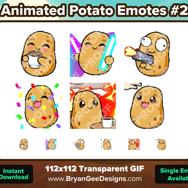 Animated Potato Twitch Emotes Sip Rave Dance Gun Hype Party This is Fine Head Pat for Streaming Youtube Emotes Discord Stickers