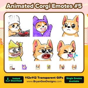 Puede incluir: GIFs animados de un perro Corgi en varias poses, incluyendo con un gorro de cocinero, una camisa con capucha morada y una camisa amarilla. Los GIFs son de 112x112 píxeles y son transparentes. El texto "Animated Corgi Emotes #5" está en la parte superior de la imagen. El texto "112x112 Transparent GIFs" está en el medio de la imagen. El texto "www.BryanGeeDesigns.com" está debajo del texto "112x112 Transparent GIFs". El texto "Instant Download" está en la esquina inferior izquierda de la imagen. El texto "Single Emotes Available" está en la esquina inferior derecha de la imagen.