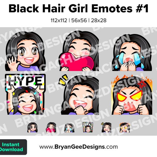 Black Hair Girl Twitch Emotes for Streaming Wave Hi Love Heart Sad Cry HYPE Laughing LUL Rage Angry Youtube Emotes Discord Stickers