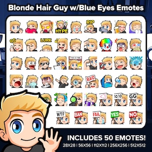 Blonde Hair Guy with Blue Eyes Twitch Emotes MEGA Bundle for Streaming, Youtube, Discord, Kick, TikTok, Rumble, P2U Premade Emojis