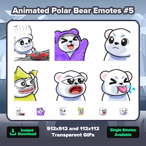 Animated Polar Bear Twitch Emotes Let Them Cook, Blankie, Salute, DinkDonk Bell, Yapping, Tongue for Twitch Youtube Discord for Streaming