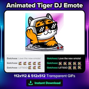 Puede incluir: GIF animado de un tigre con gafas de sol y auriculares, pinchando en una mesa de mezclas. El texto "Gotchooz: Love the new emote!" y "Gotchooz: LETSGO" se muestra debajo de la imagen. La imagen está disponible en dos tamaños: 112x112 y 512x512 píxeles.