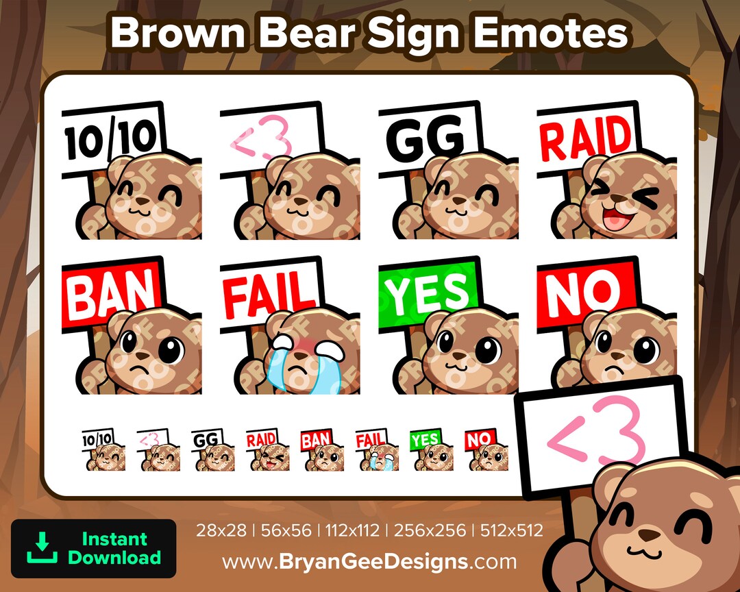Brown Bear Twitch Emotes Heart Sign 10 Sign GG Sign Raid Sign Ban Sign ...