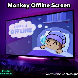 Könnte beinhalten: Ein animierter Offline-Bildschirm in Lila und Blau mit einem Cartoon-Affen, der eine blaue Schlafkappe trägt und eine Blase bläst. Der Text "Stream is Offline" befindet sich in einer weißen Wolke.