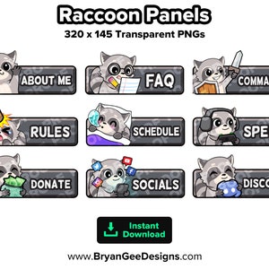 Raccoon Twitch Panels for Streaming, Youtube Panels, Kick Panels, Rumble Panels, Streamer Panels, Streamer Graphics, Twitch Graphics