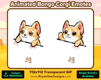 May include: Animated GIF of a corgi dog playing the bongos. The corgi is brown and white with big eyes and a happy expression. The GIF is 112x112 pixels and has a transparent background.